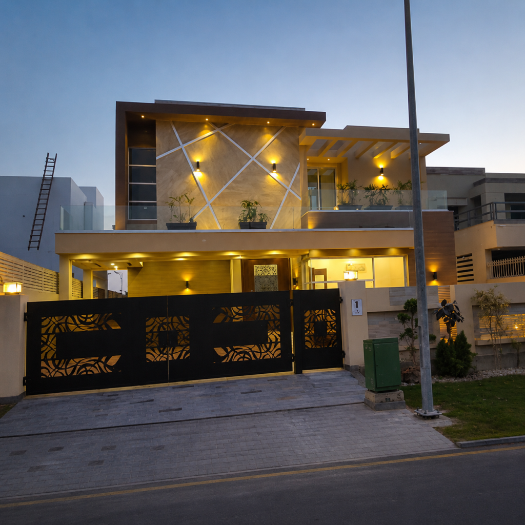 Modern two-storey house in DHA Lahore at dusk with a lit stone façade and laser-cut black gate
