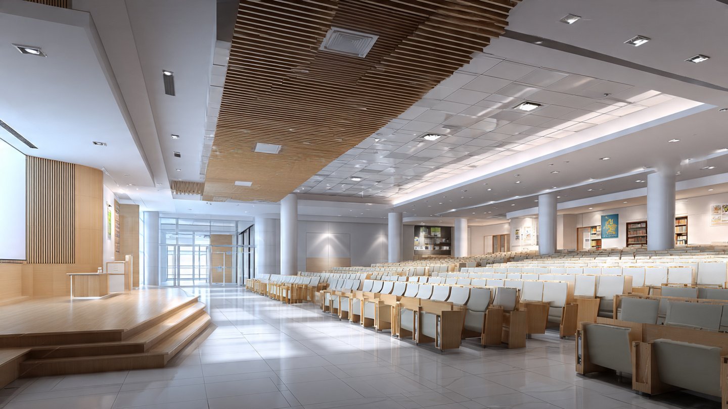 Concept visualisation of a modern institutional learning space with daylight and wide circulation for a school or college in Lahore