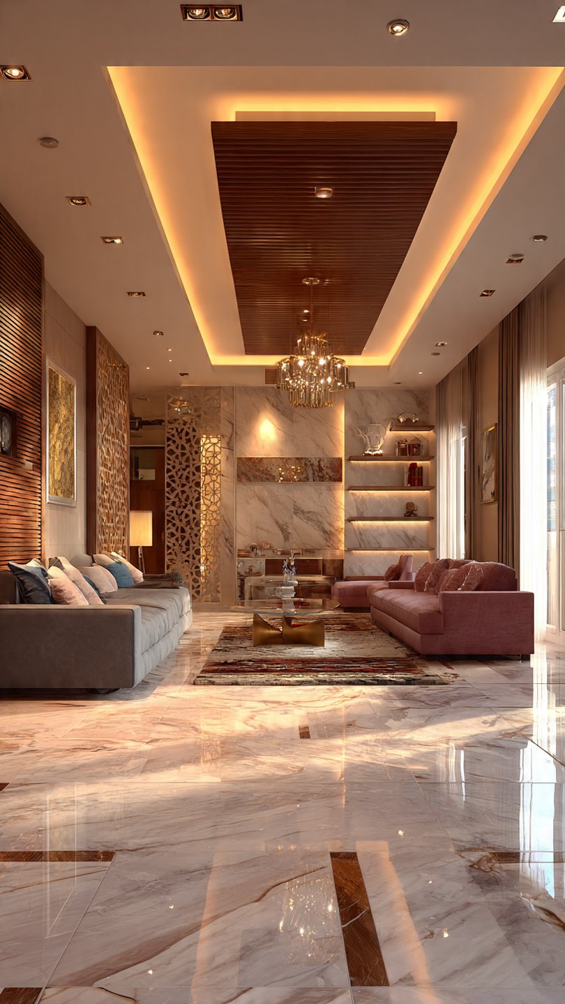 Finished lounge with false ceiling and marble floor (illustrative image)