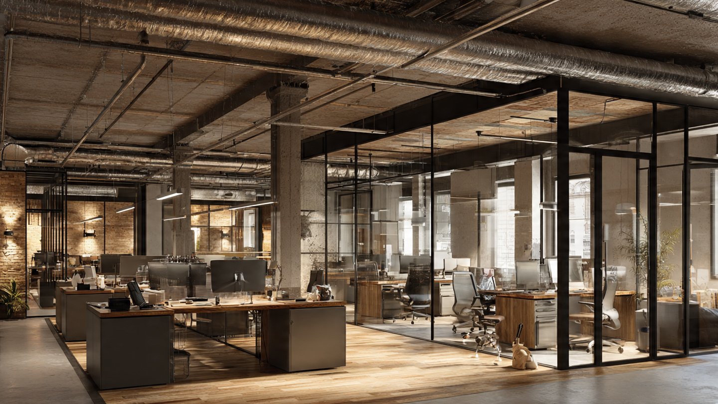 Office interior design with open workspace and glass cabins