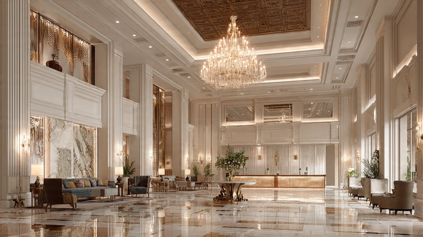 Luxury hotel lobby and grand reception area interior design