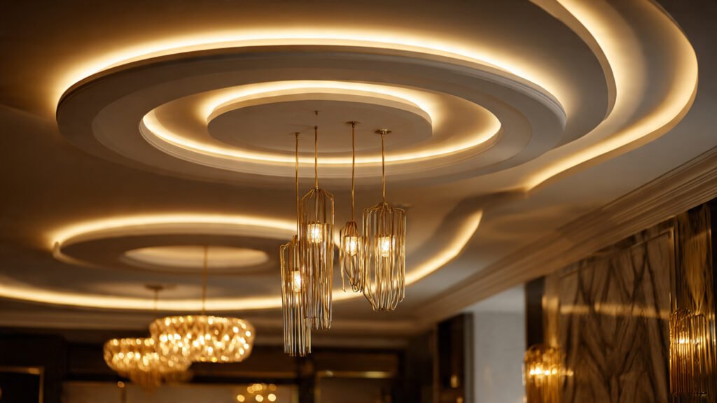 Luxury living room interior design with layered lighting in Lahore