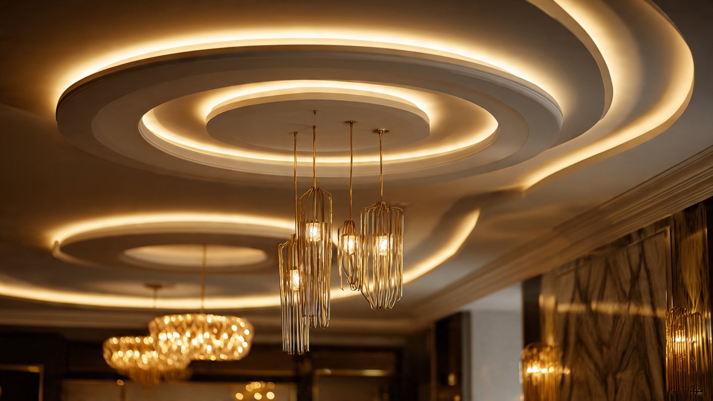 Layered luxury interior lighting with cove lights and pendants