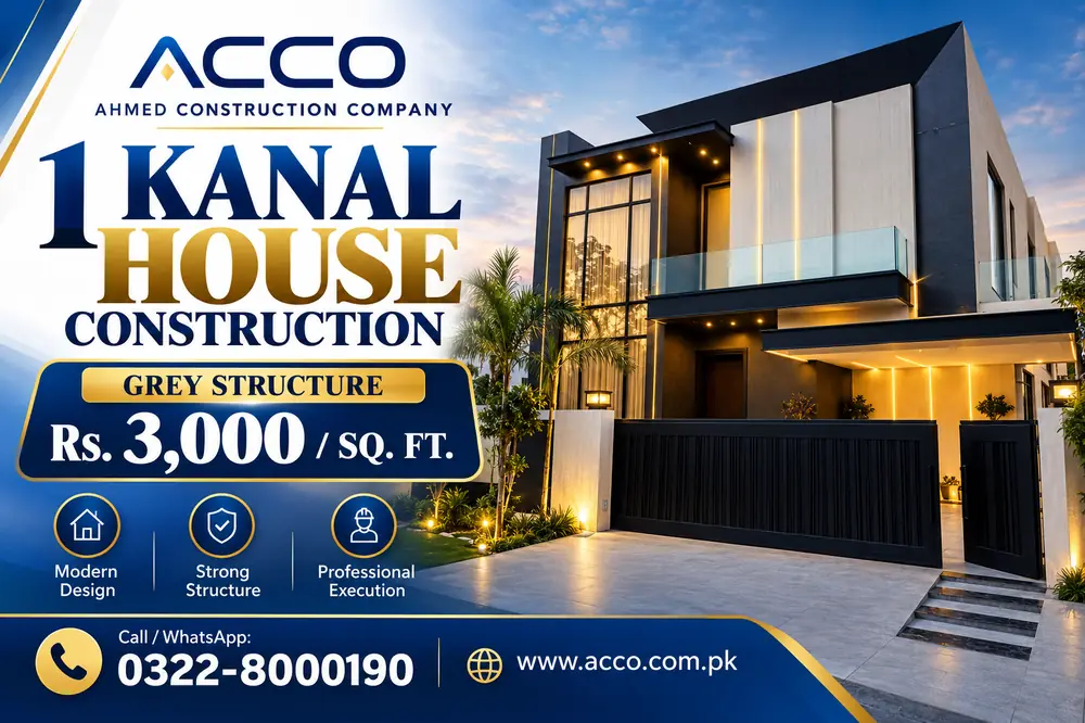 ACCO poster for 1 kanal house construction showing grey structure at PKR 3,000 per sq ft, with a modern house featuring a glass balcony and black gate