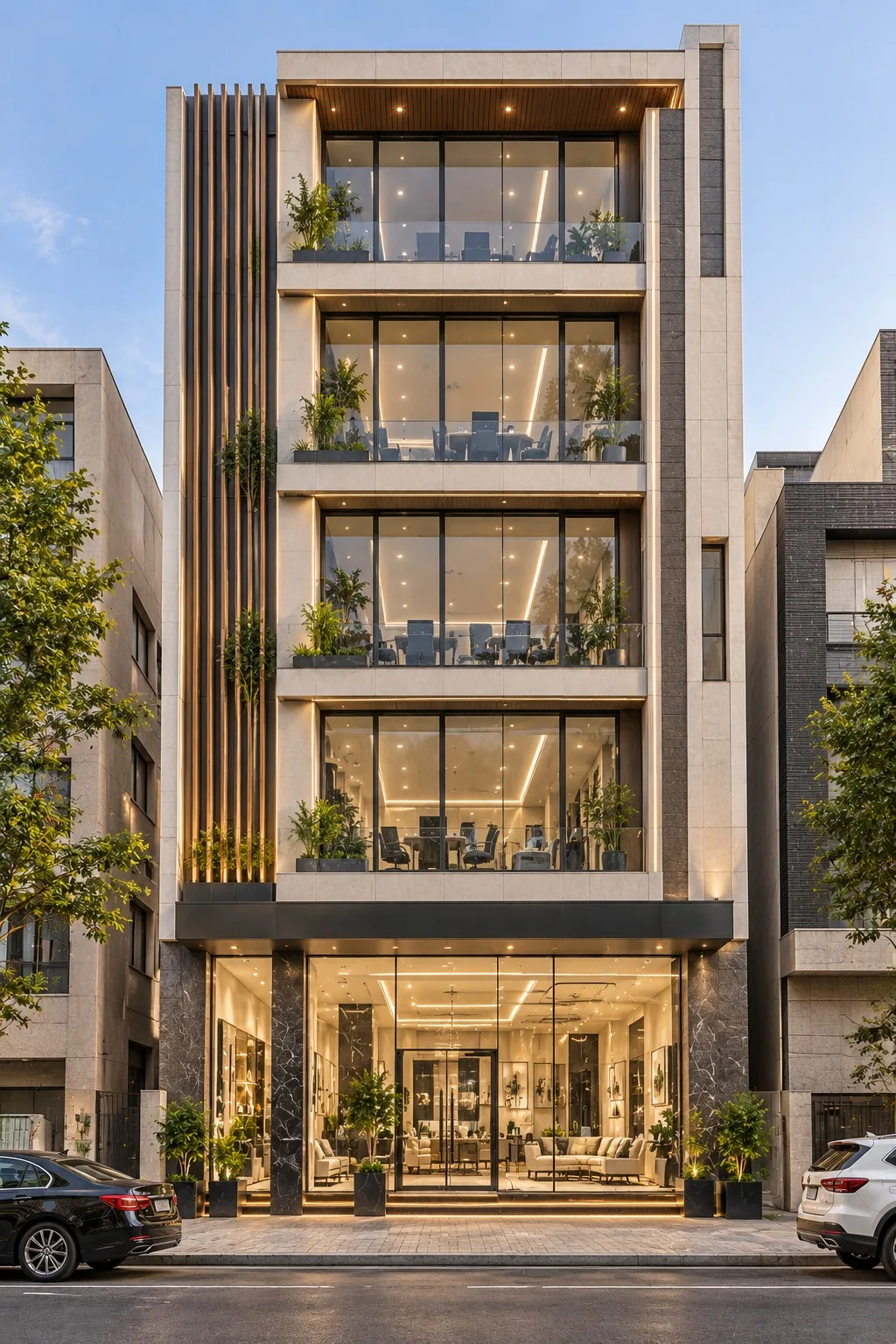Narrow five-storey commercial plaza with beige stone façade, vertical wooden louvres, glass office floors and ground-floor showroom