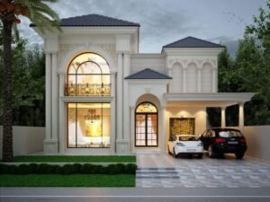 Classic house elevation with arched windows, columns and covered car porch in DHA Lahore