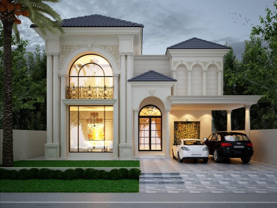 Classic house elevation with arched windows, columns and covered car porch in DHA Lahore
