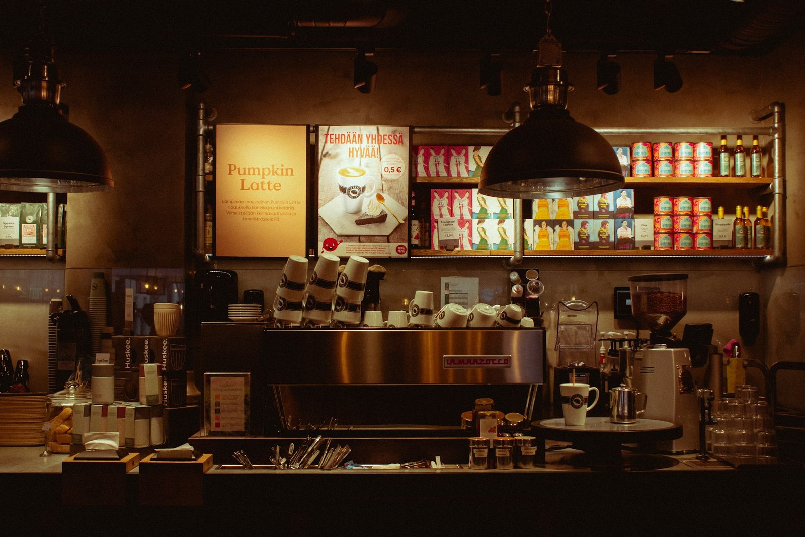 Coffee shop interior design with espresso counter and menu board