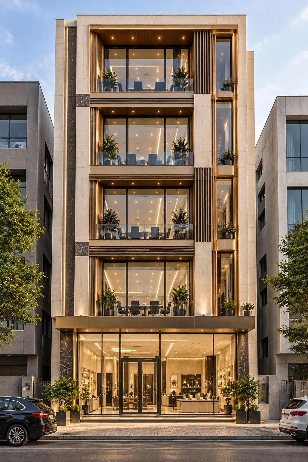 Commercial plaza front elevation in beige stone with bronze trims, wooden louvres, glazed office floors and a glass showroom frontage