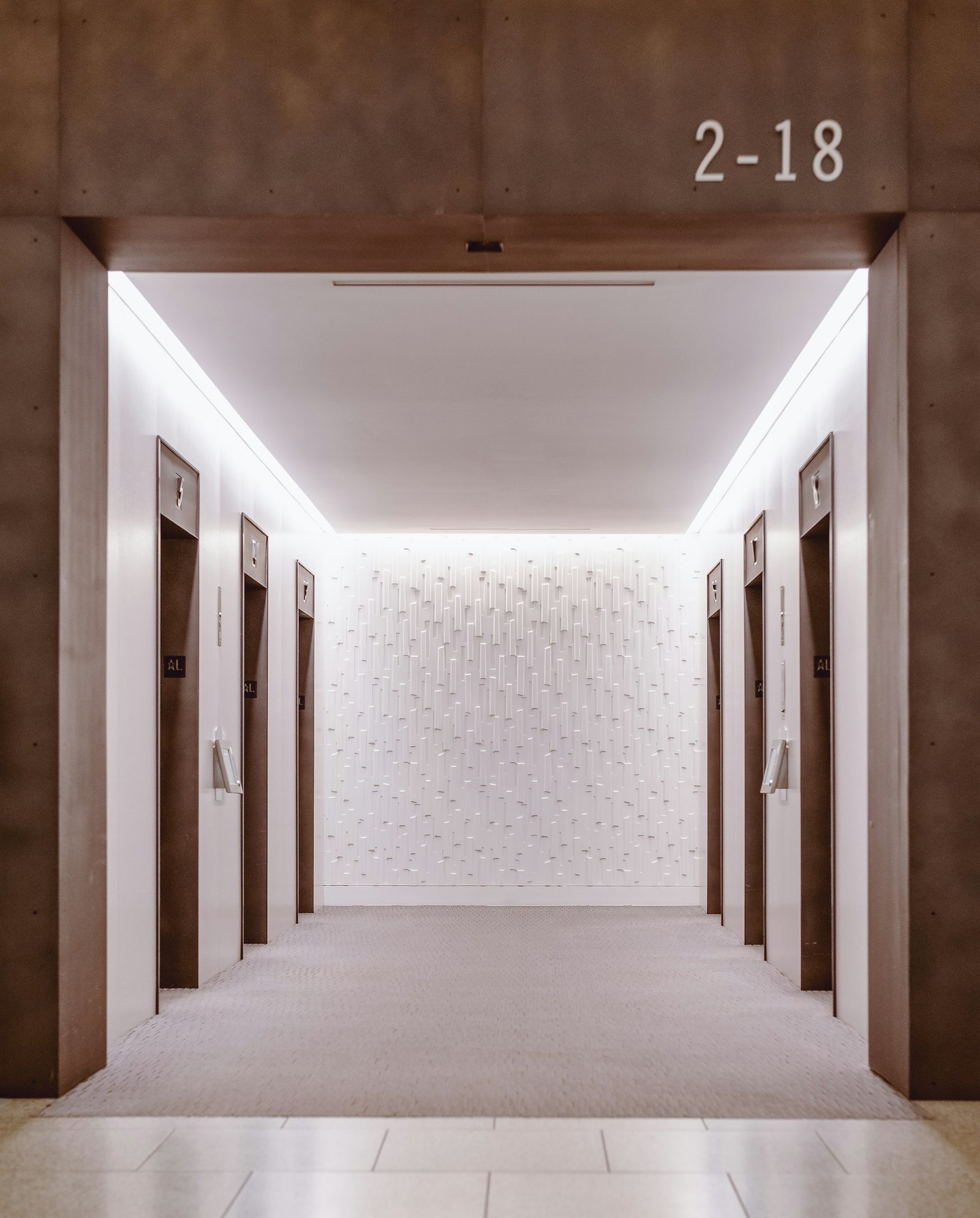 Commercial plaza lift lobby finishing with feature wall and cove ceiling