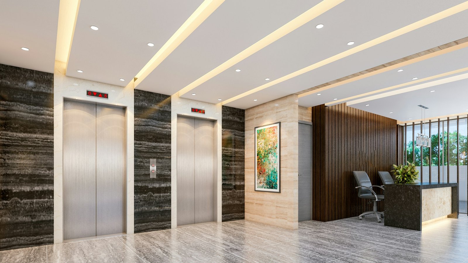 Commercial building lobby with lifts, marble and cove lighting