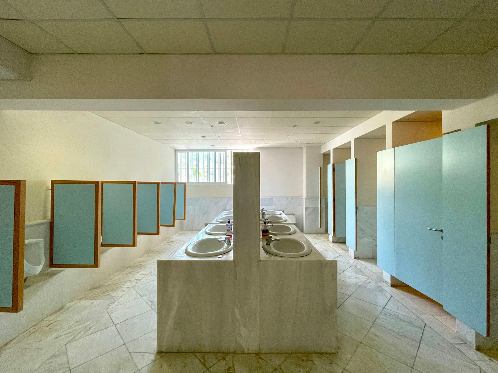 Commercial plaza washroom finishing with cubicles and vanity counter