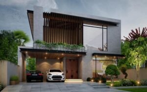 Contemporary house with vertical wooden louvers, planter box and car porch in DHA Lahore