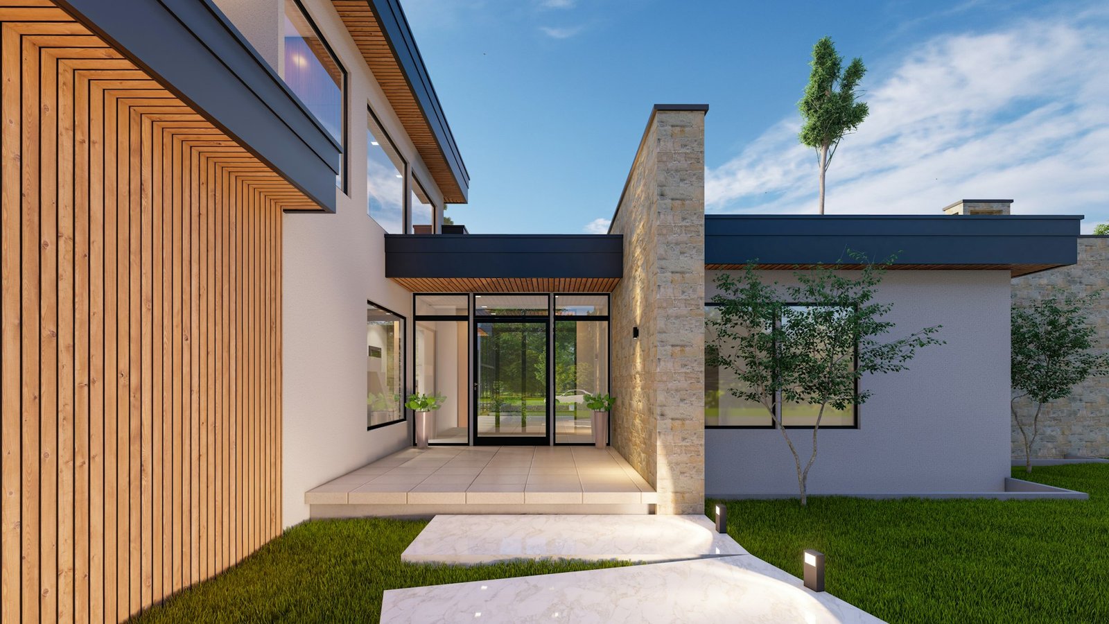 Contemporary house design with timber cladding and stone