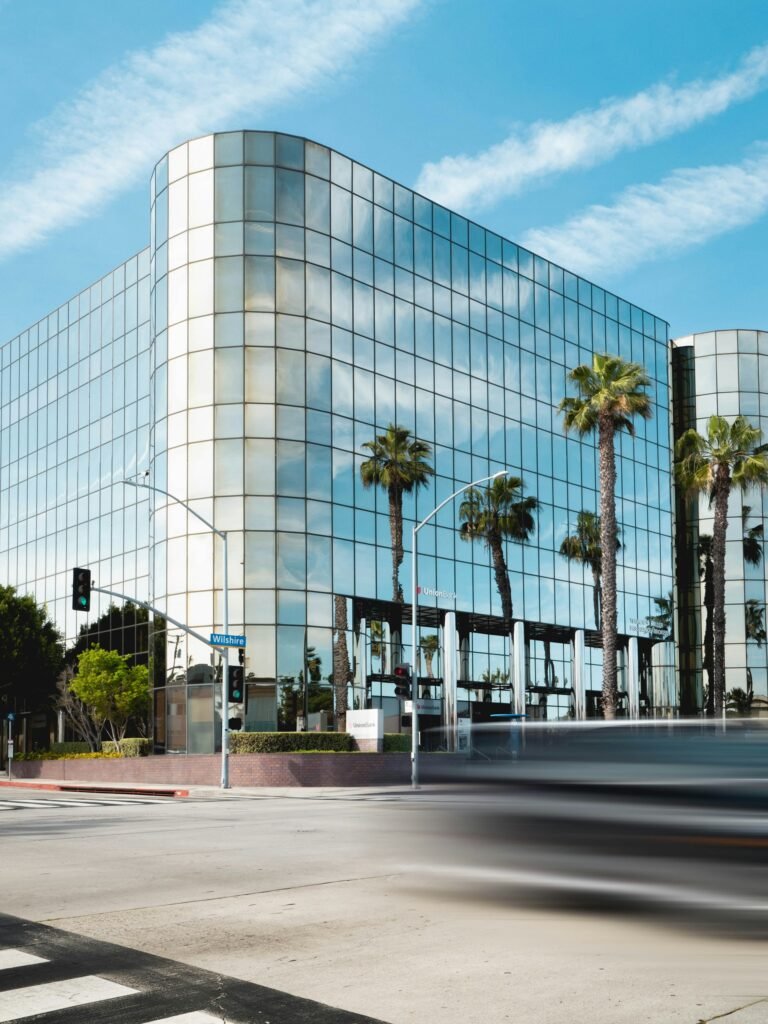 Illustrative corporate office building with a glass curtain-wall facade