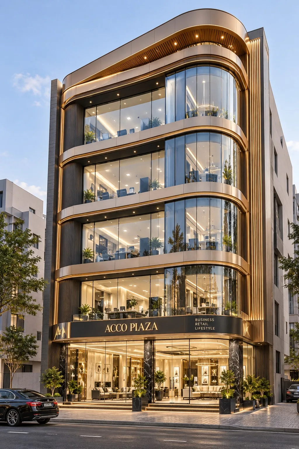 Corner commercial plaza with curved glass façade, bronze-finished balcony bands and a signage fascia above a glazed ground-floor lounge