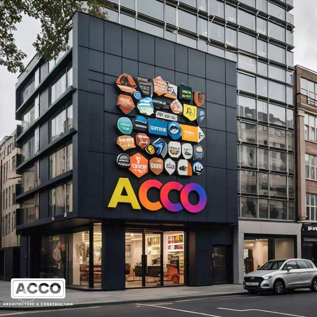 Commercial plaza with black panel cladding and brand signage wall, ACCO design concept for Lahore