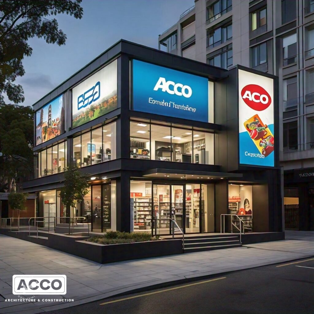 Two-storey commercial plaza with LED signage panels and glazed shop fronts, ACCO design concept for Lahore