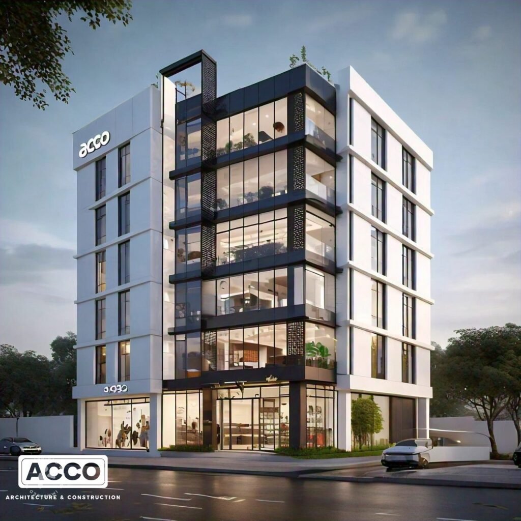 Six-storey commercial plaza with white frame, black glazing and jali screen, ACCO design concept for Lahore