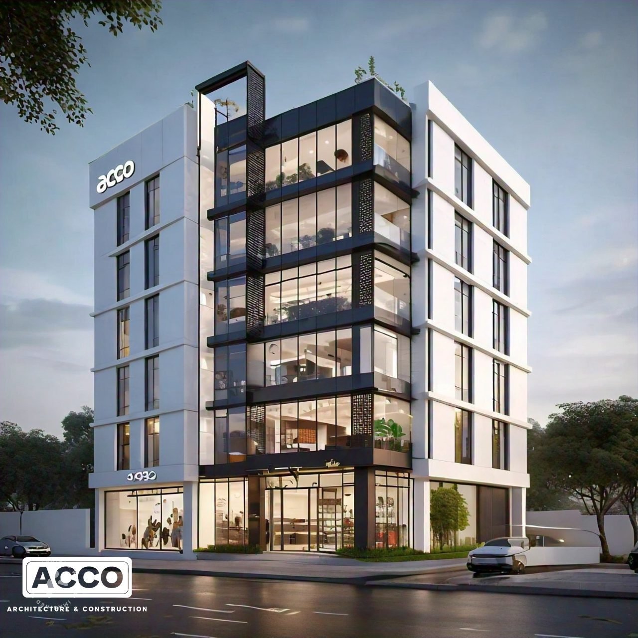 Six-storey commercial plaza with white frame, black glazing and jali screen, ACCO design concept for Lahore