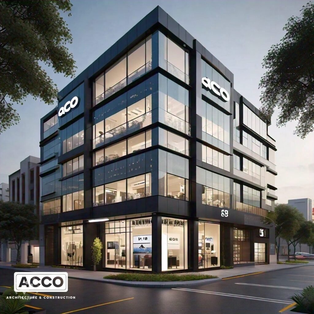 Five-storey corner commercial office building with glass and black ACP facade, ACCO design concept for Lahore