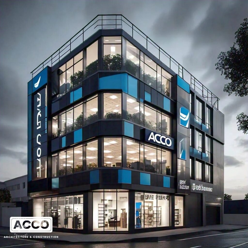 Four-storey corner commercial plaza with blue and black ACP cladding and glazing, ACCO design concept for Lahore