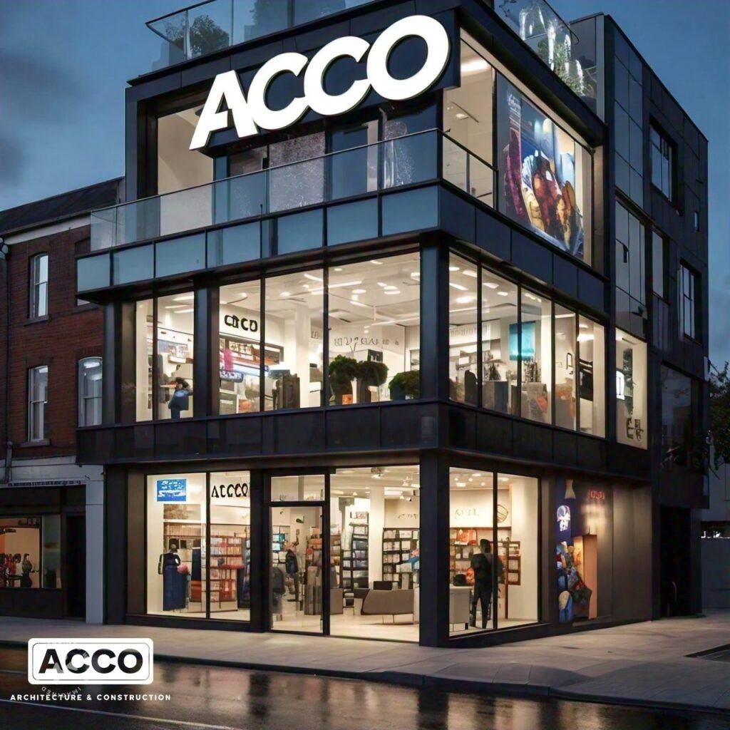 Corner retail plaza with black facade, glass balcony and illuminated signage, ACCO design concept for Lahore