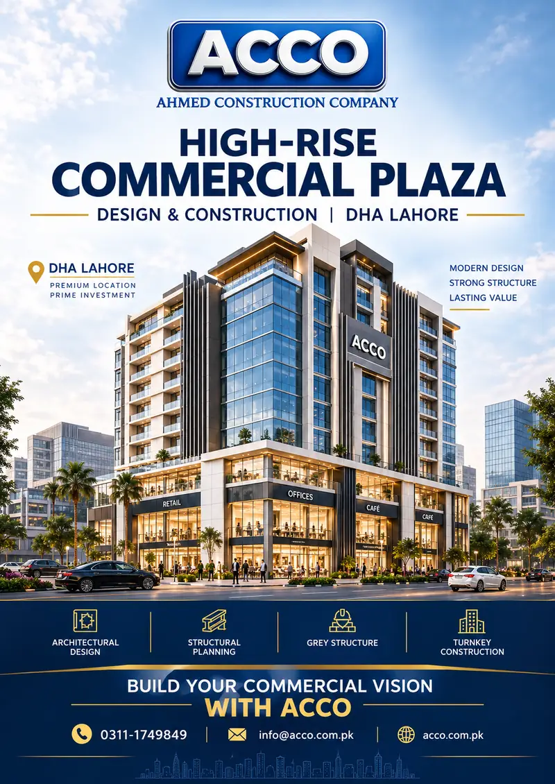 Poster of a concept high-rise commercial plaza for DHA Lahore with retail, offices and cafés, listing ACCO architectural design, structural planning, grey structure and turnkey construction