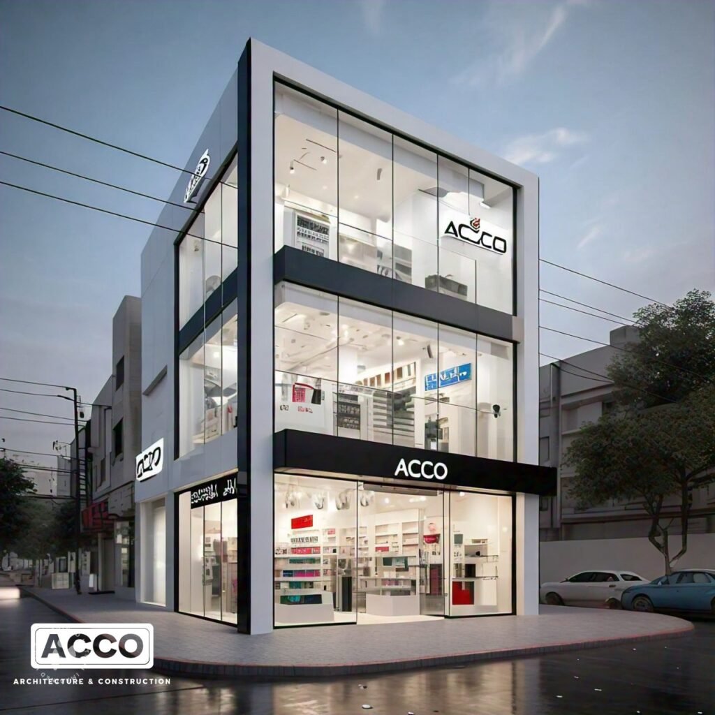 Three-storey corner commercial plaza with full-height glass facade, ACCO design concept for Lahore