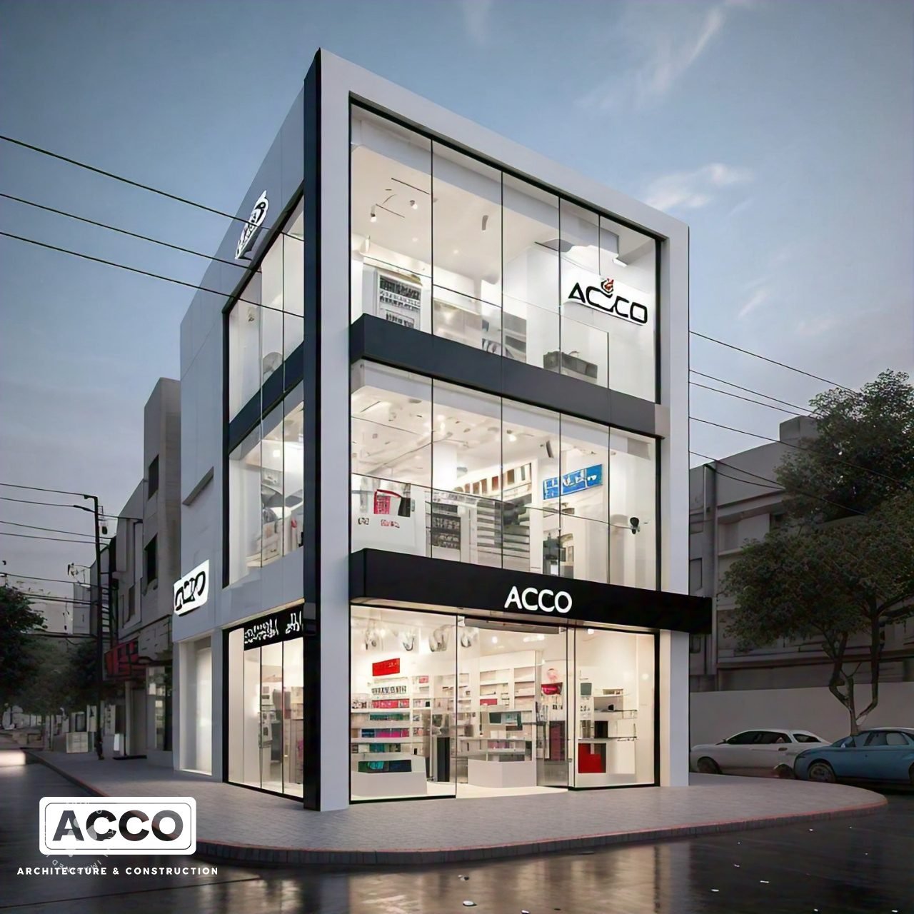 Corner commercial plaza with full-height glass facade, ACCO design concept for Pine Avenue Lahore