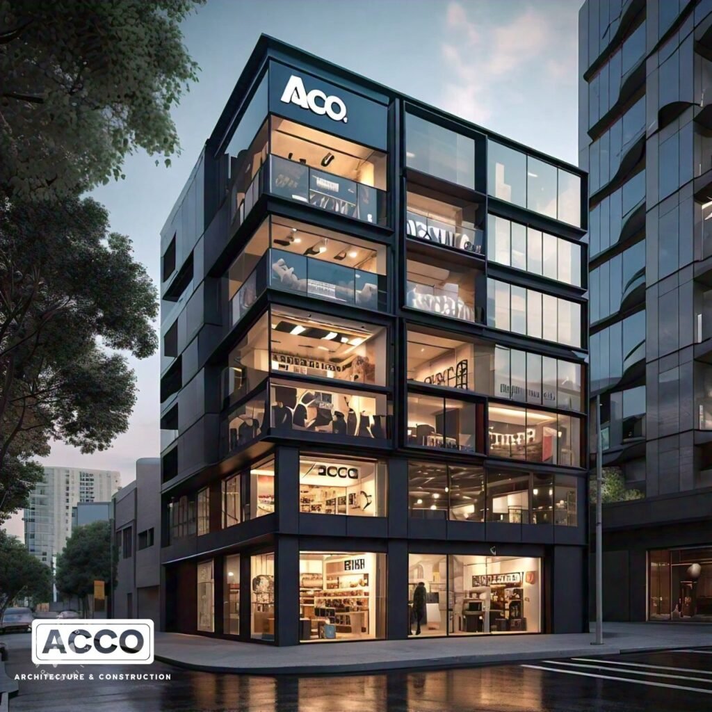 Multi-storey corner commercial plaza with framed glass facade, ACCO design concept for Lahore