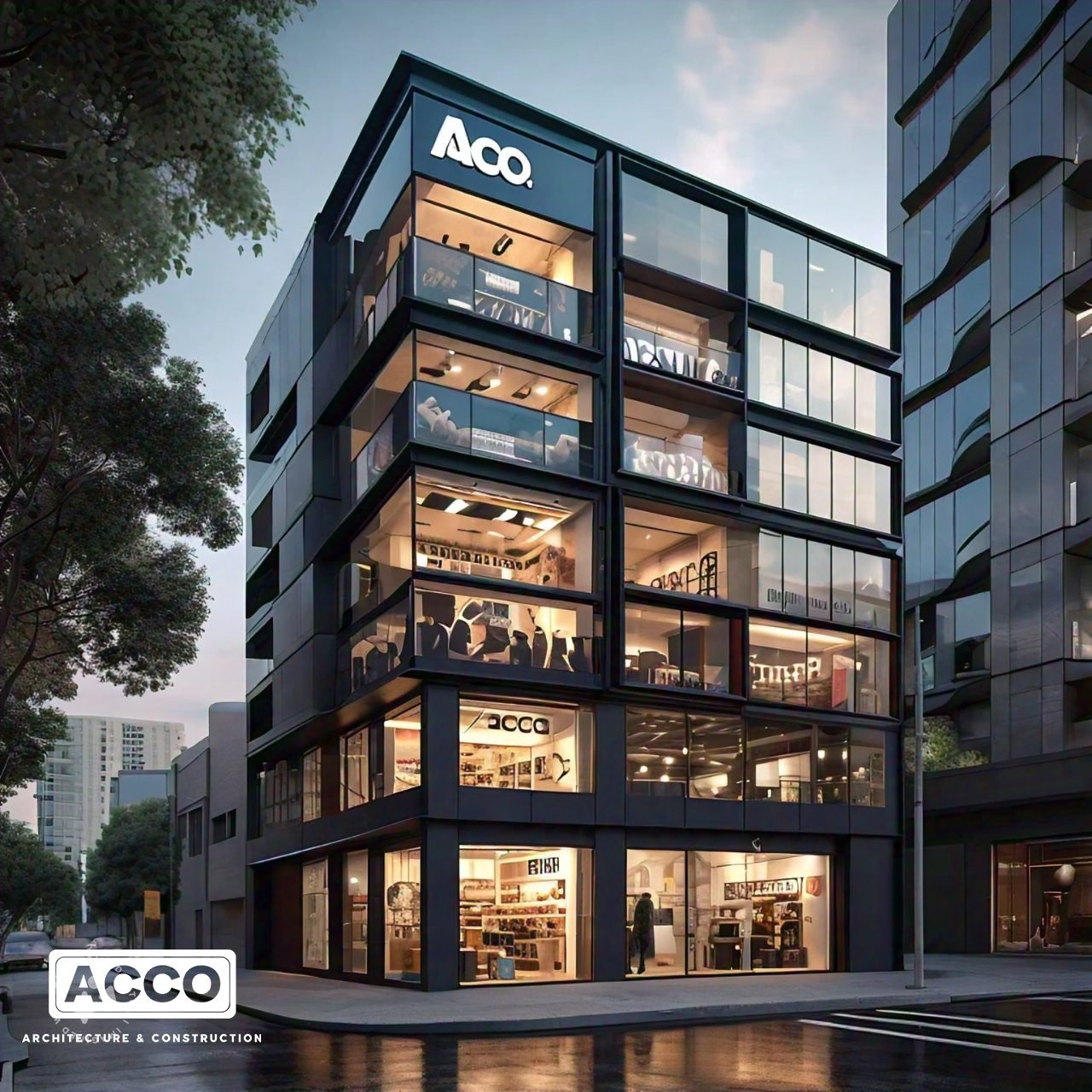 Multi-storey corner commercial plaza with framed glass facade, ACCO design concept for DHA Lahore