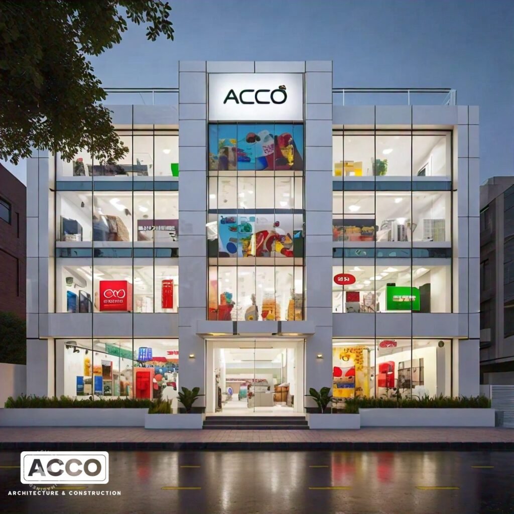 Symmetrical white commercial plaza with glass showroom floors, ACCO design concept for Lahore