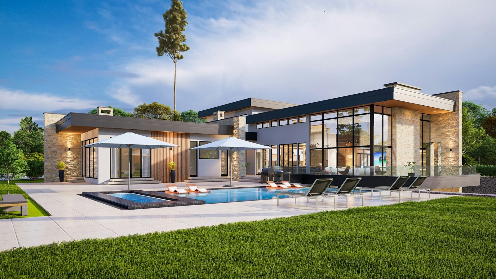 Farmhouse design and construction with pool and lawn