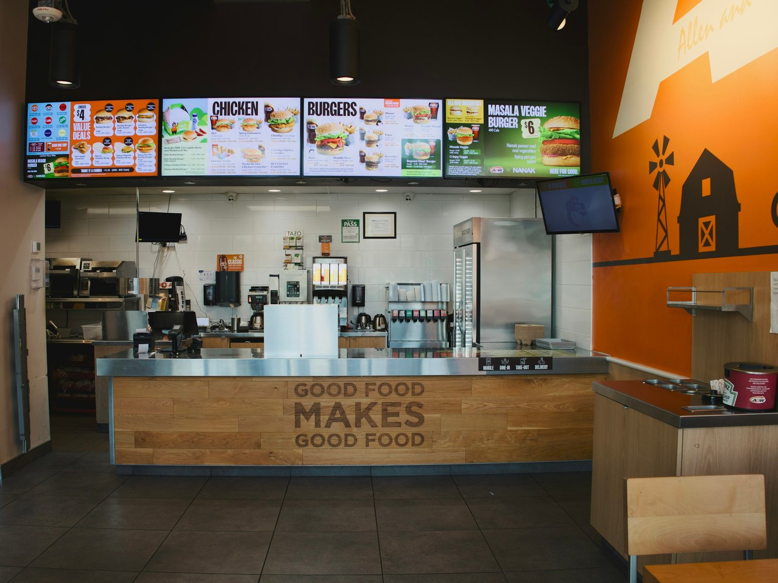 Fast food restaurant design with service counter and digital menu boards