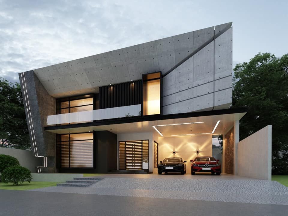 Futuristic house with angled exposed concrete facade and LED lighting in DHA Lahore