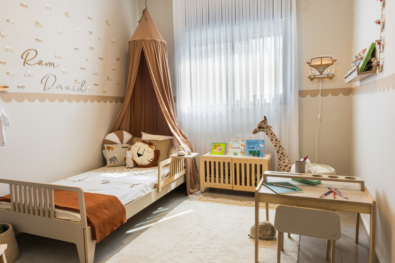 Kids bedroom interior design with canopy bed and study desk