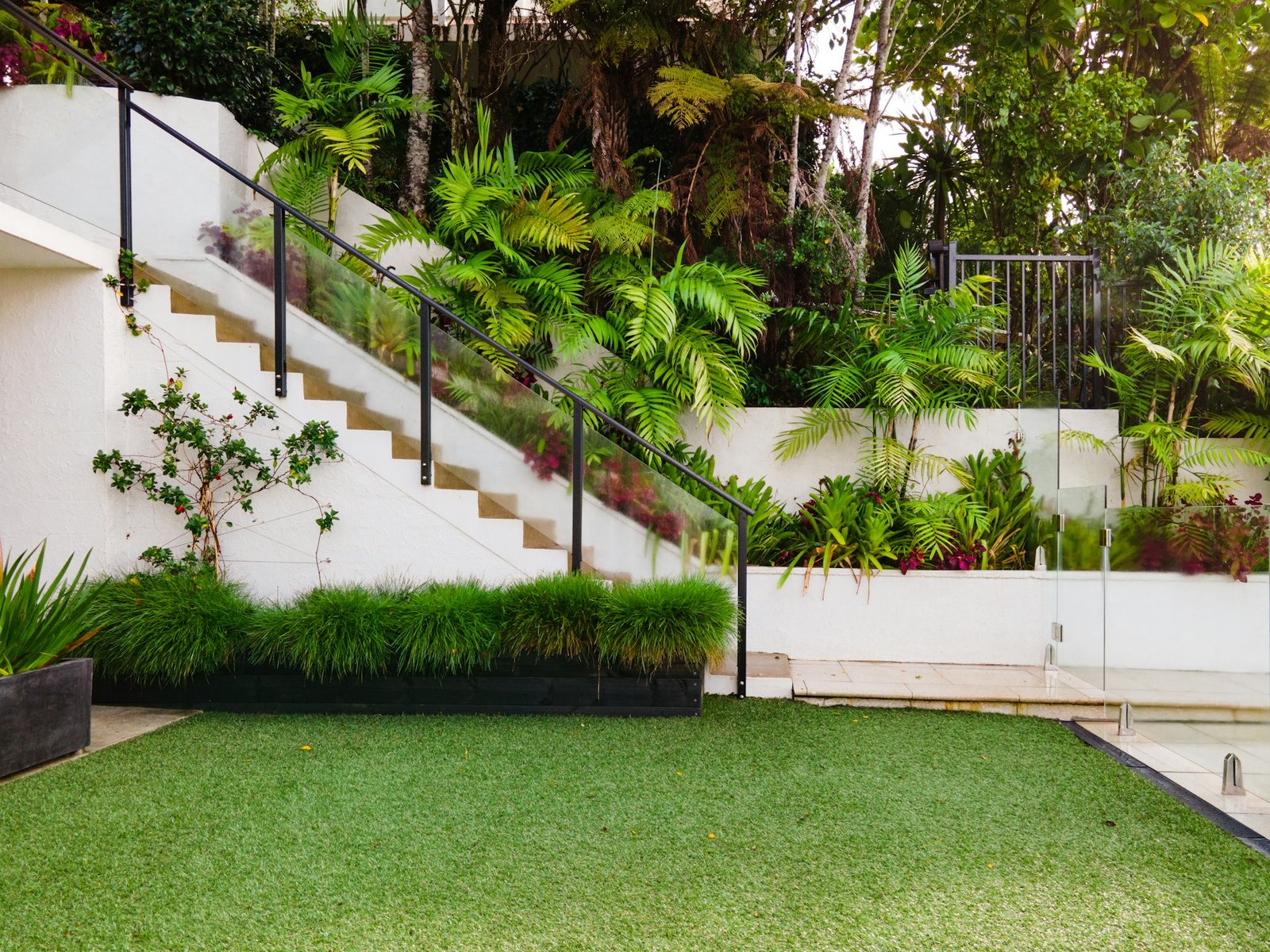 Landscape architecture with terraced garden, lawn and steps