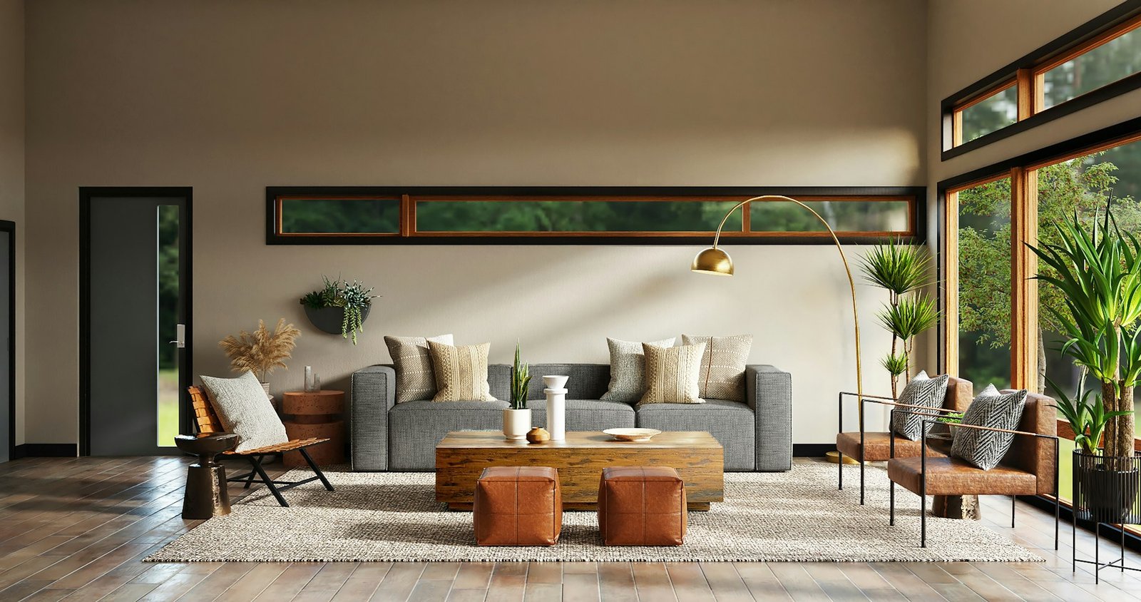 Living room interior design with sofa and garden view