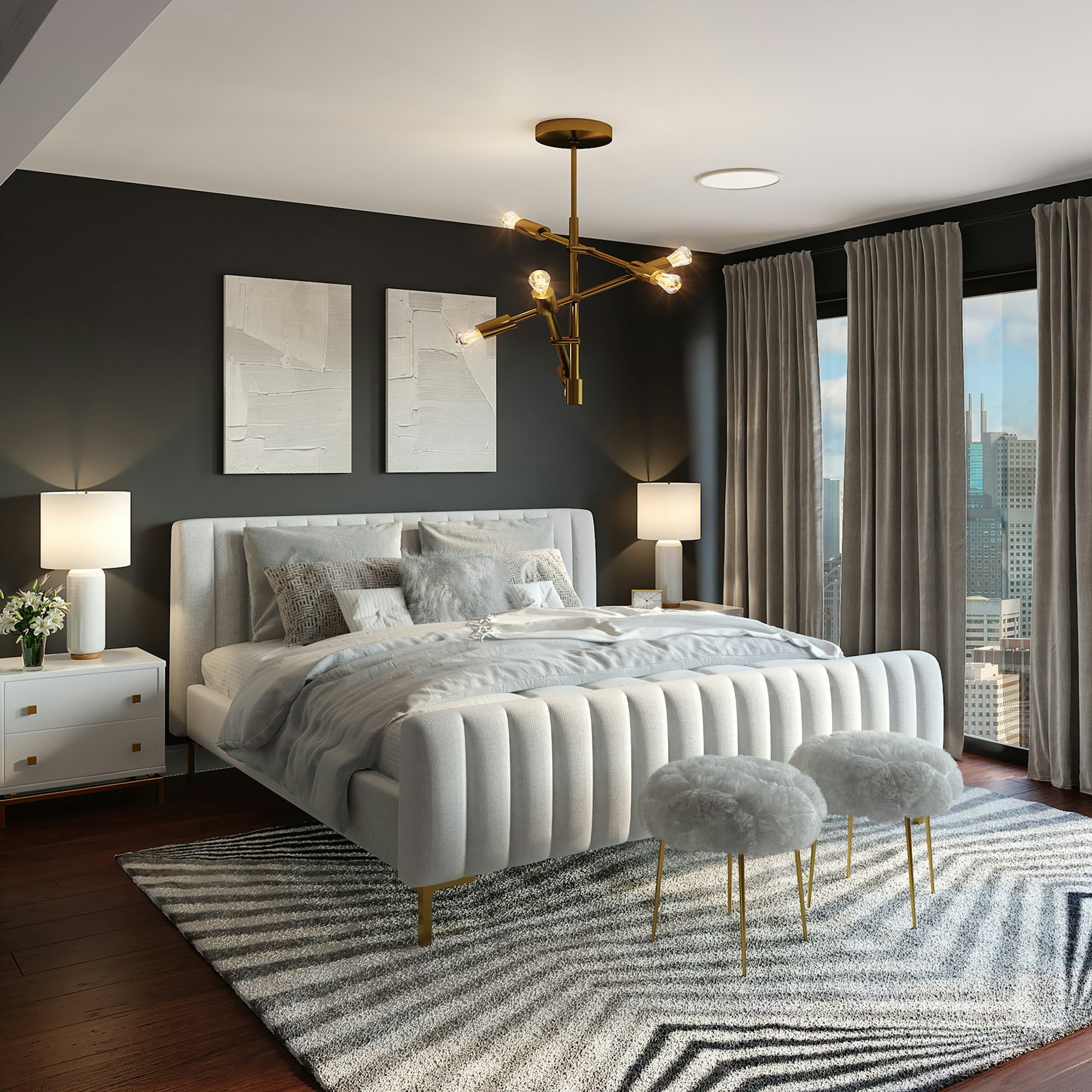 Luxury bedroom interior design with upholstered bed wall