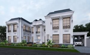 Luxury white classic mansion with mansard roof, columns and iron balconies in DHA Lahore