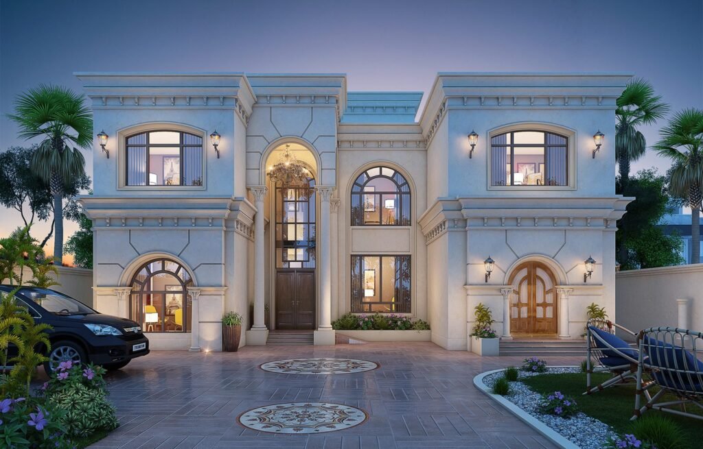 Luxury classical villa with arched windows, columns and chandelier entrance in DHA Lahore