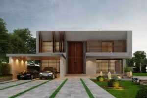 Modern 1 kanal house design with wooden main door and paved driveway in DHA Lahore