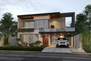 Modern 10 marla house elevation with glass railing and wooden ceiling in DHA Lahore