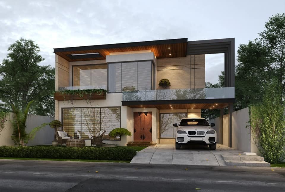 Modern 10 marla house elevation with glass railing and wooden ceiling in DHA Lahore
