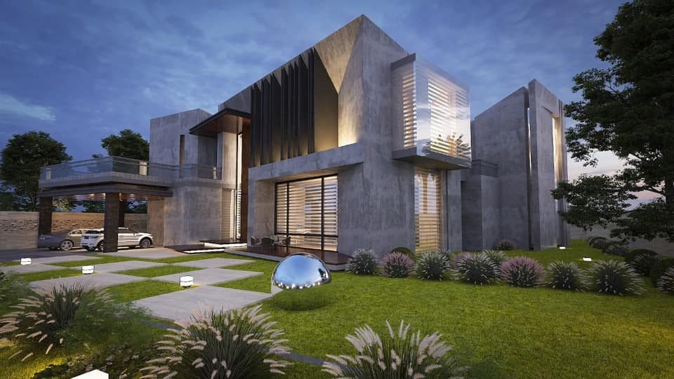 Modern concrete villa with timber louvers and landscaped garden in DHA Lahore
