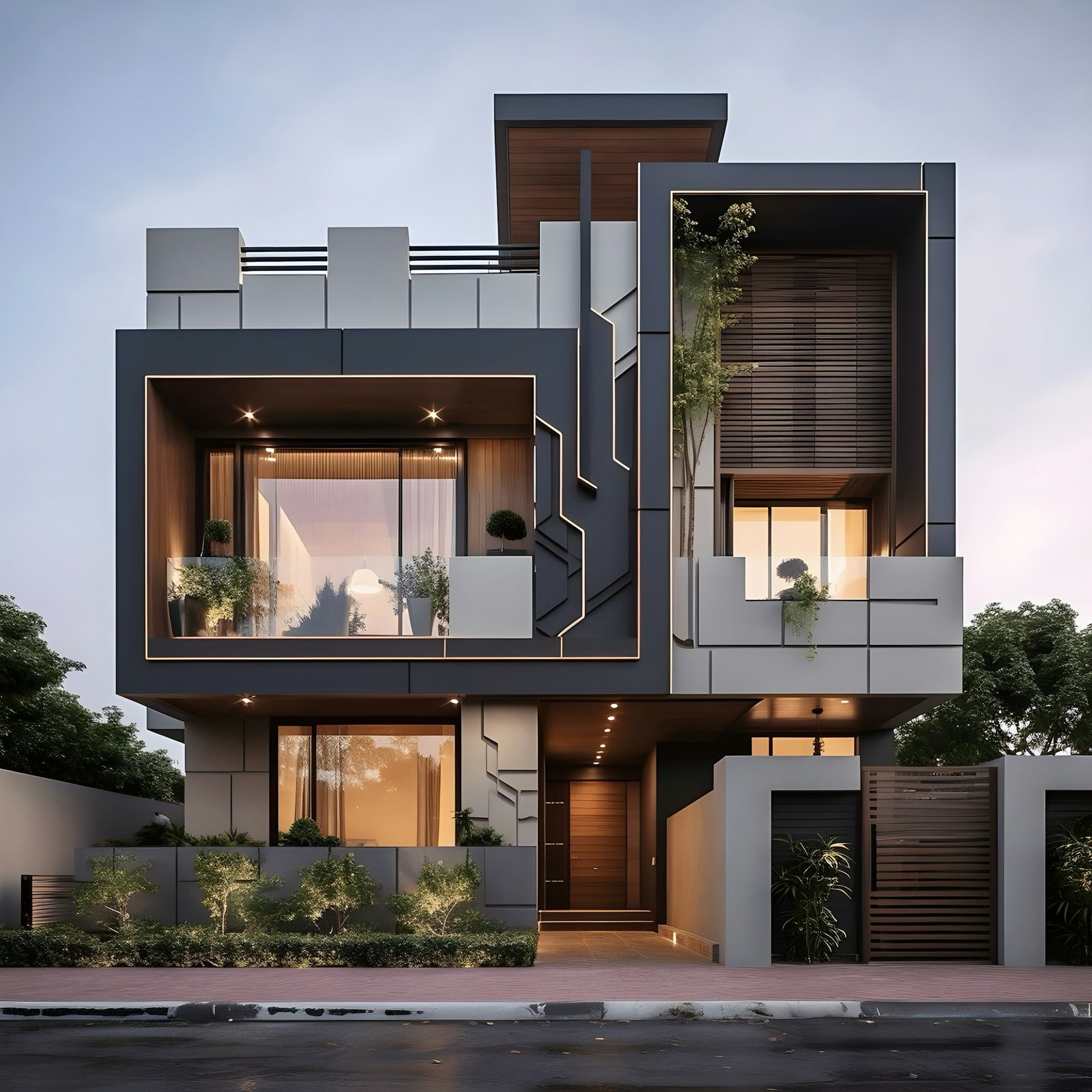 Modern front elevation design of a narrow-plot house