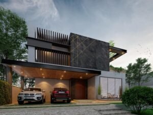 Modern house with black marble facade, wooden fins and car porch in DHA Lahore