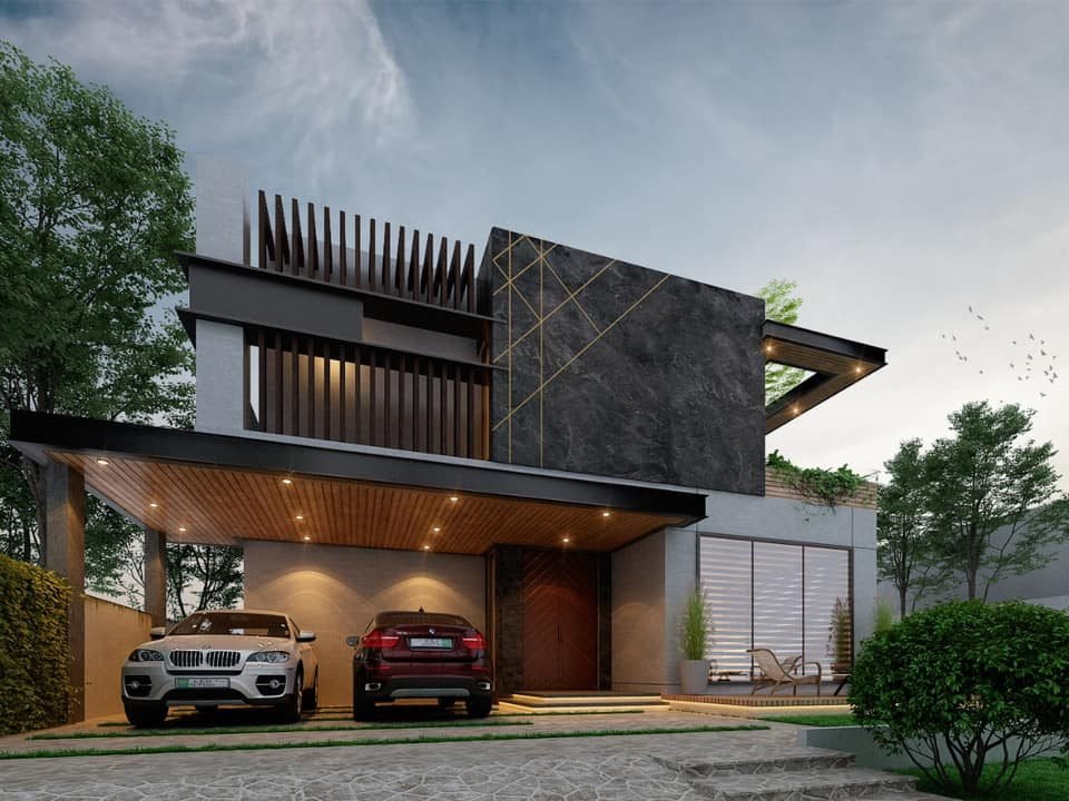 Modern house with black marble facade, wooden fins and car porch in DHA Lahore