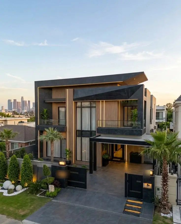 Concept render of a modern two-storey house with black stone and timber-effect cladding, glass balconies, palm trees and a lit driveway